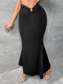 Slaydiva Váy Plus Size Cắt ra Nhẫn màu trơn Thanh lịch - màu đen - Xem 5