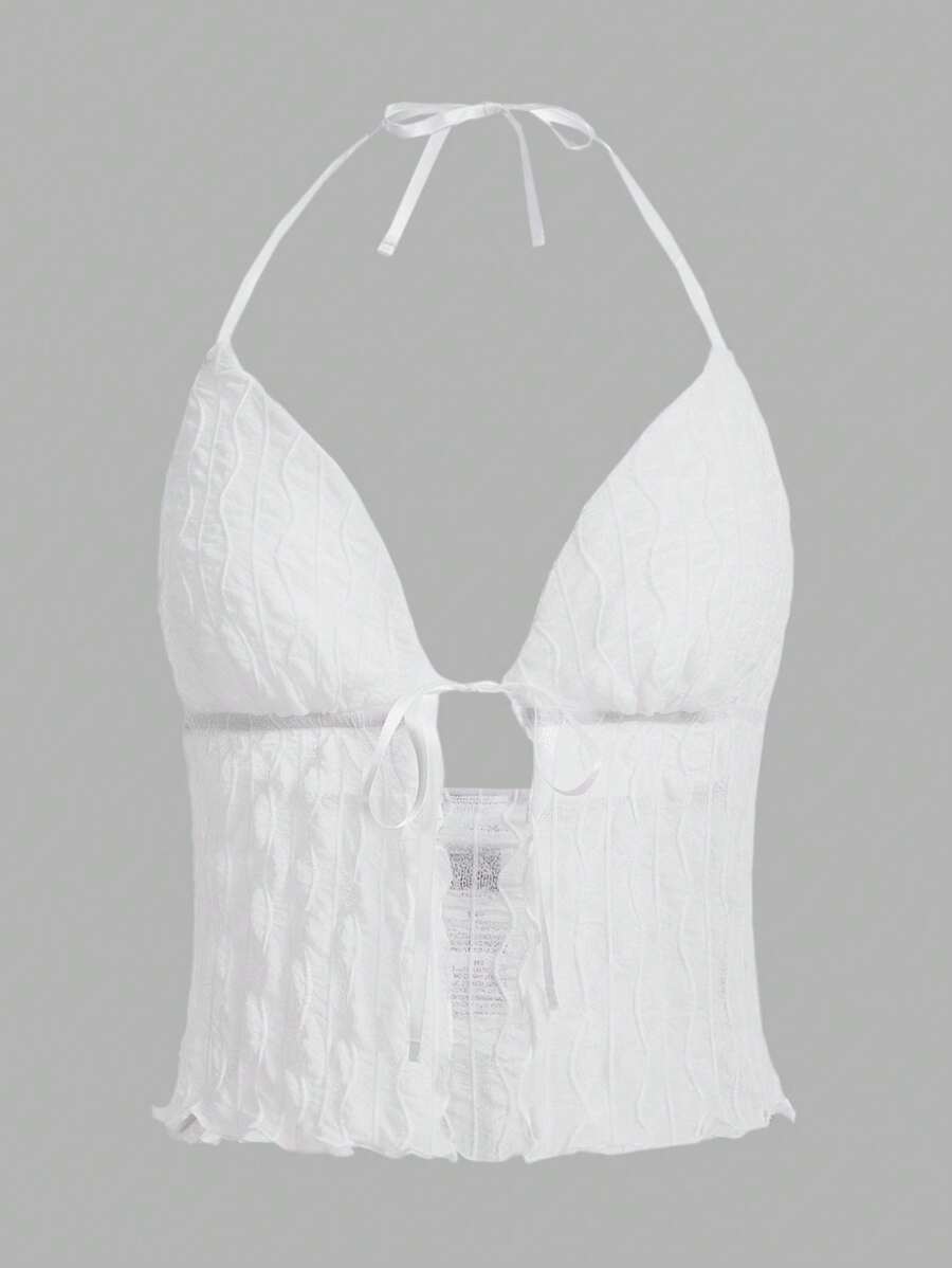 SHEIN ICON 前繫帶露背網紗掛脖上衣 - 白色 - 查看 1