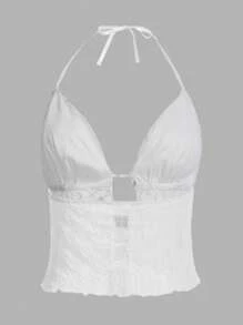 SHEIN ICON 前繫帶露背網紗掛脖上衣 - 白色 - 查看 2