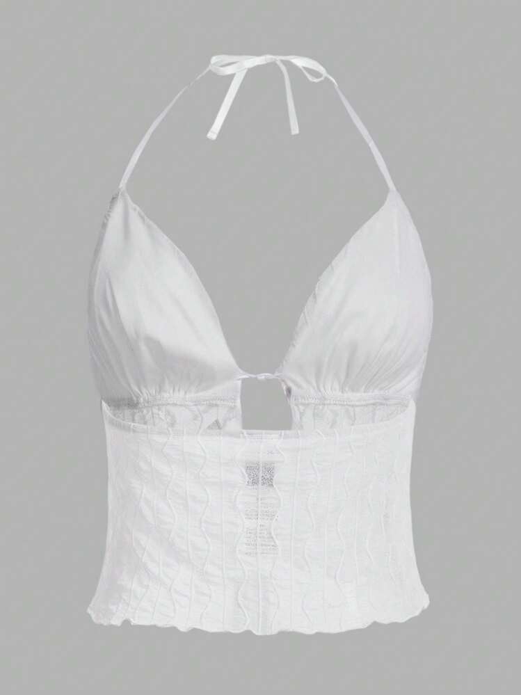 SHEIN ICON Tie Front Backless Mesh Halter Top - White - View 2