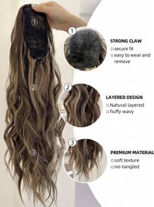 馬尾辮延長辮抽繩夾片接髮24英寸長款自然波浪合成纖維假髮片 - 彩色 - 查看 4