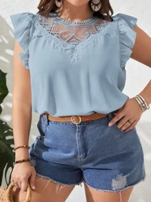SHEIN LUNE 大碼蕾絲拼接荷葉邊襯衫 - 淺藍色 - 查看 1