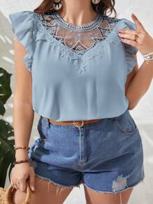 SHEIN LUNE 大碼蕾絲拼接荷葉邊襯衫 - 淺藍色 - 查看 5