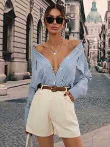 SHEIN Privé Áo sơ mi nữ Nút Túi Sọc Giải trí - Xanh và trắng - Xem 1