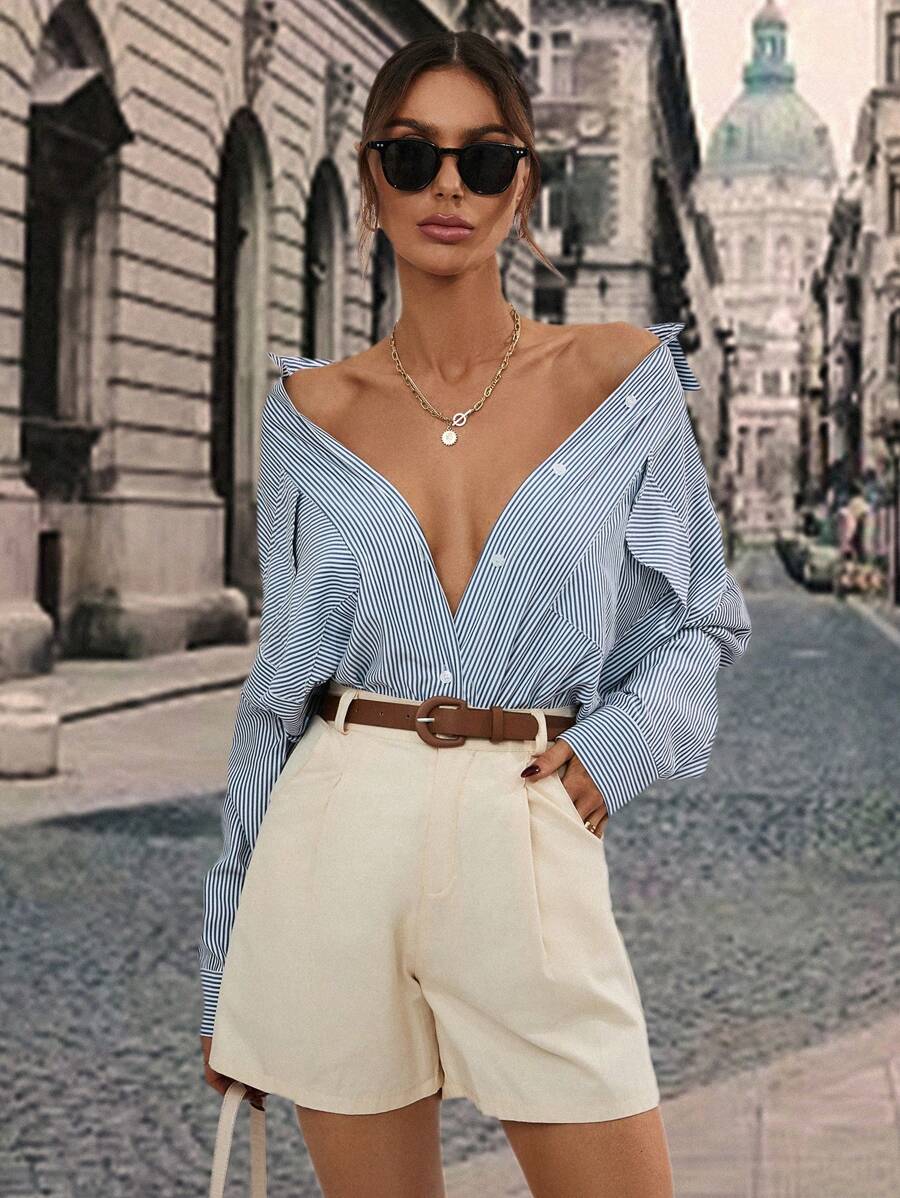 SHEIN Privé Áo sơ mi nữ Nút Túi Sọc Giải trí - Xanh và trắng - Xem 1