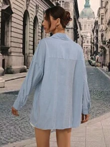 SHEIN Privé Áo sơ mi nữ Nút Túi Sọc Giải trí - Xanh và trắng - Xem 2