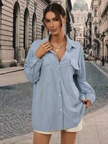 SHEIN Privé Áo sơ mi nữ Nút Túi Sọc Giải trí - Xanh và trắng - Xem 5