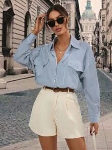 SHEIN Privé Áo sơ mi nữ Nút Túi Sọc Giải trí - Xanh và trắng - Xem 6