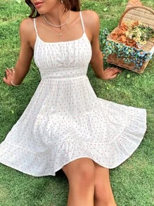 SHEIN VCAY Vestido de tirantes con estampado de lunares pecho con fruncido bajo con fruncido - Blanco - Ver 1