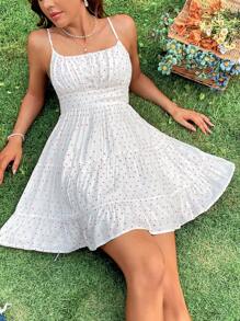 SHEIN VCAY Vestido de tirantes con estampado de lunares pecho con fruncido bajo con fruncido - Blanco - Ver 3