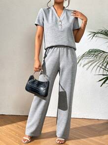 SHEIN Privé Half Button Tee & Pants - Light Grey - View 1