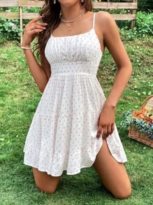 SHEIN VCAY Vestido de tirantes con estampado de lunares pecho con fruncido bajo con fruncido - Blanco - Ver 5