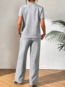 SHEIN Privé Half Button Tee & Pants - Light Grey - View 2
