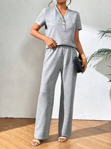 SHEIN Privé Half Button Tee & Pants - Light Grey - View 4