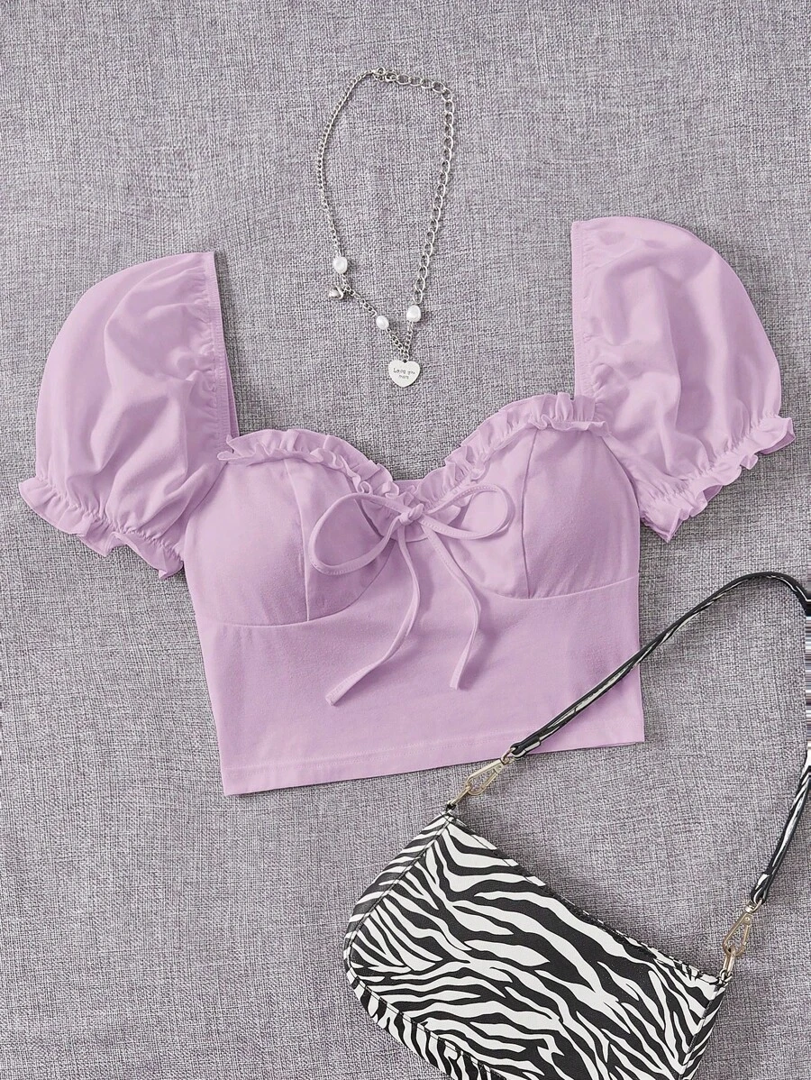 SHEIN EZwear Áo nữ viền lá sen Thắt nút màu trơn Giải trí - Màu Lilac Tím - Xem 1