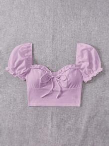 SHEIN EZwear Áo nữ viền lá sen Thắt nút màu trơn Giải trí - Màu Lilac Tím - Xem 4