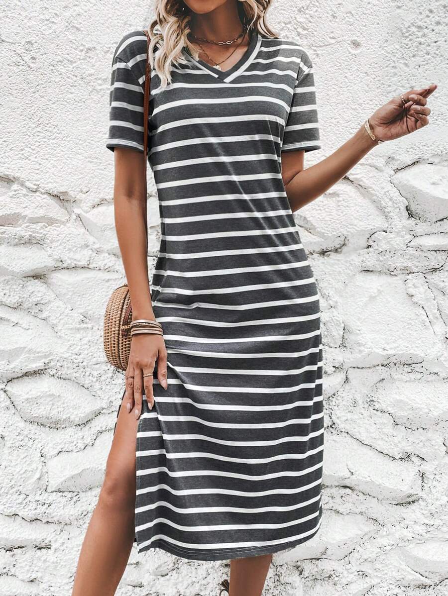 SHEIN LUNE Đầm Chia Sọc Giải trí - Xám - Xem 1