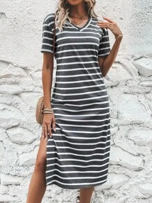 SHEIN LUNE Đầm Chia Sọc Giải trí - Xám - Xem 5