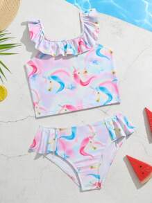 Young Girl Unicorn Print Ruffle Trim Bikini Set Summer Beach - Multicolor - View 1