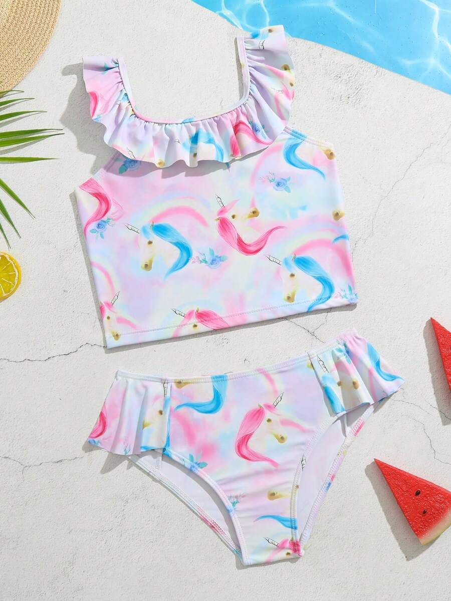 Young Girl Unicorn Print Ruffle Trim Bikini Set Summer Beach - Multicolor - View 1