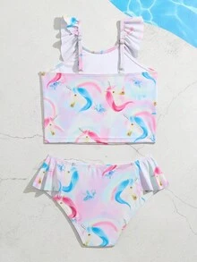 Young Girl Unicorn Print Ruffle Trim Bikini Set Summer Beach - Multicolor - View 2