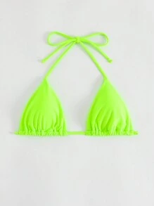 SHEIN Swim Summer Beach Halter Triangle Neon Bikini Top - Lime Green - View 3