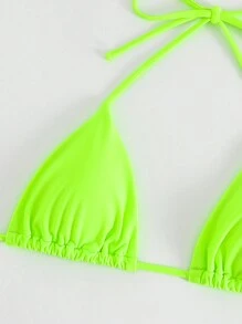 SHEIN Swim Summer Beach Halter Triangle Neon Bikini Top - Lime Green - View 4
