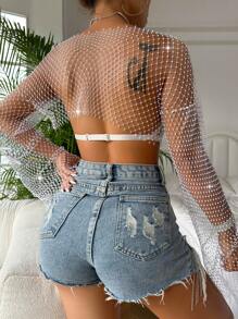 Allurite Áo nữ Pha lê kim cương màu trơn Gợi cảm - trắng - Xem 2