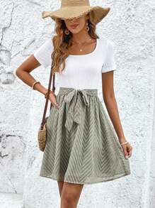 SHEIN Frenchy Two Tone Belted Dress - Multicolor - View 1