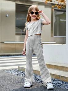 SHEIN Girls Ribbed Knit Tee & Flare Leg Trousers - Light Grey - View 4