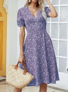 Breezaya 碎花前紐扣A字連衣裙 - 紫羅蘭色 - 查看 1