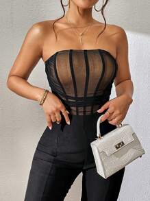 Zolique Contrast Mesh Tube Bodysuit - Apricot - View 4