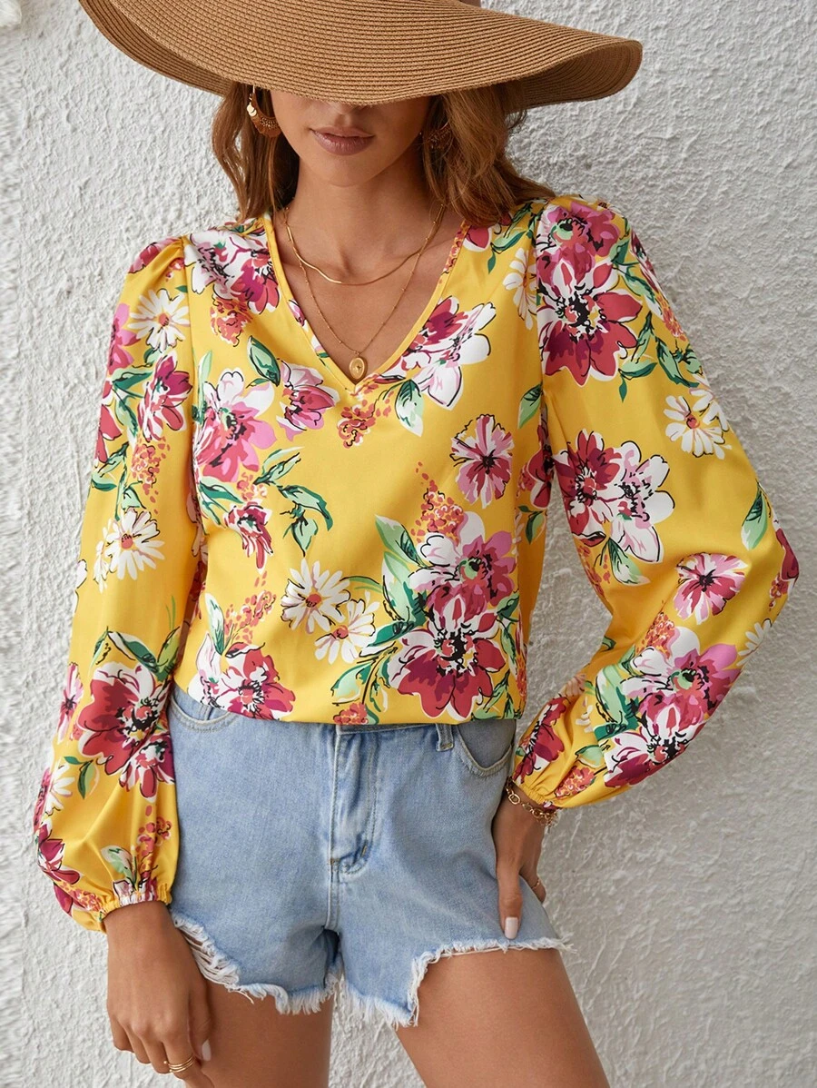 SHEIN VCAY 印花燈籠袖襯衫 - 黃色 - 查看 1