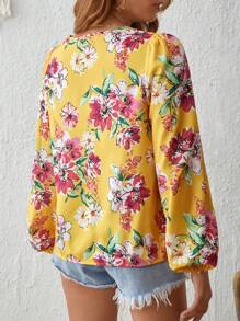 SHEIN VCAY 印花燈籠袖襯衫 - 黃色 - 查看 2