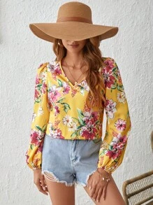 SHEIN VCAY 印花燈籠袖襯衫 - 黃色 - 查看 3