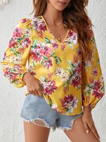 SHEIN VCAY 印花燈籠袖襯衫 - 黃色 - 查看 4