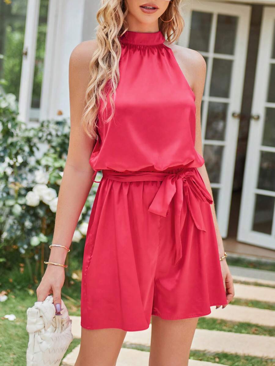 SHEIN VCAY Áo liền quần nữ Thắt lưng màu trơn Giải trí - Màu Hồng Tươi - Xem 1