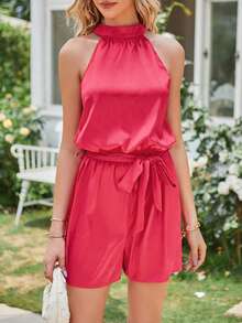 SHEIN VCAY Áo liền quần nữ Thắt lưng màu trơn Giải trí - Màu Hồng Tươi - Xem 5