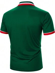 Manfinity Homme Áo thun có cổ Nam Tương phản ràng buộc Nút phía trước màu trơn Giải trí - màu xanh lá - Xem 2