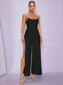 SHEIN BAE Áo liền quần nữ Lộ Lưng Ren lên Tách cao màu trơn Gợi cảm - màu đen - Xem 4