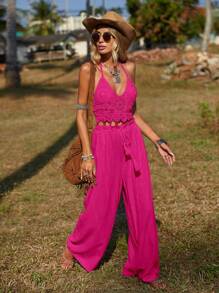 SHEIN VCAY 流蘇腰部打結闊腿褲 - 玫紅色 - 查看 3