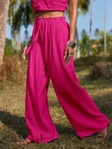 SHEIN VCAY 流蘇腰部打結闊腿褲 - 玫紅色 - 查看 4