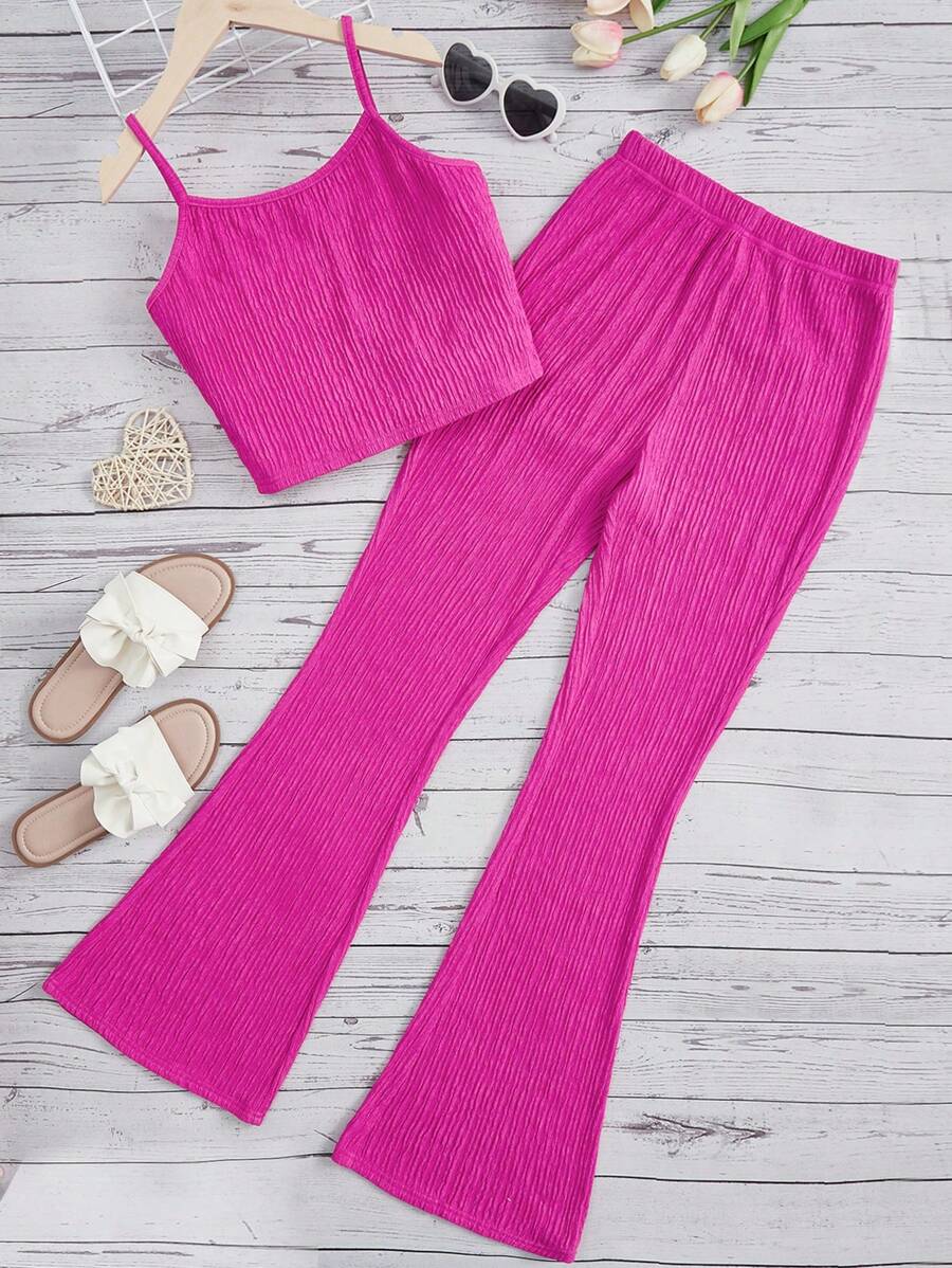 SHEIN 青少年女孩素色吊帶上衣和喇叭褲 - 玫紅色 - 查看 1