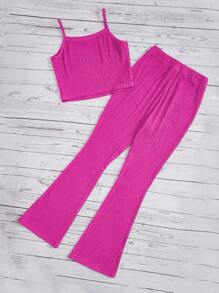 SHEIN 青少年女孩素色吊帶上衣和喇叭褲 - 玫紅色 - 查看 2