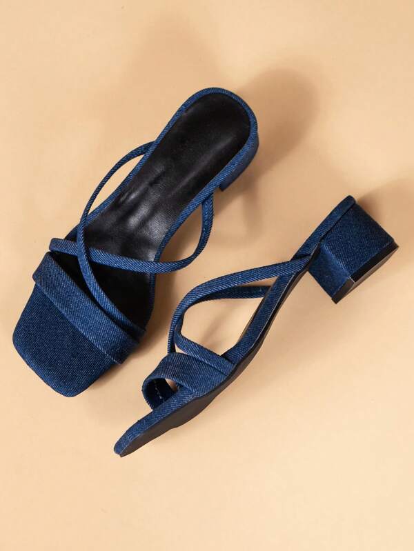 Women Minimalist Chunky Heeled Mule Sandals, Denim Fashion Sandals
