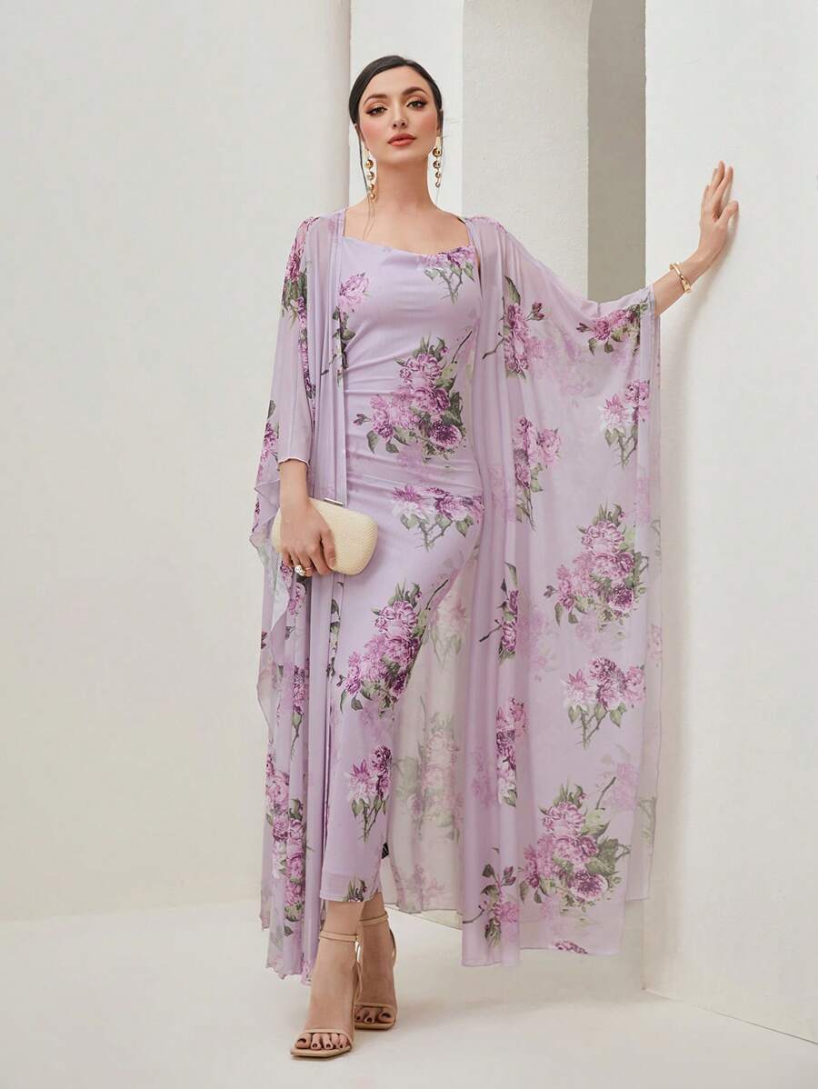 Modelyn Floral Print Cami Dress & Open Front Coat - Lilac Purple - View 1