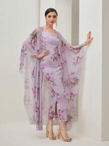 Modelyn Floral Print Cami Dress & Open Front Coat - Lilac Purple - View 4