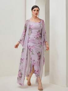 Modelyn Floral Print Cami Dress & Open Front Coat - Lilac Purple - View 5