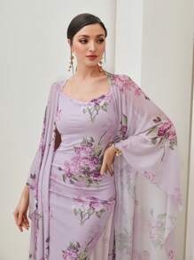 Modelyn Floral Print Cami Dress & Open Front Coat - Lilac Purple - View 6