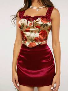 SHEINNeu Bộ đồ hai mảnh nữ Bất đối xứng Lộ Lưng Thắt nút Xù Dây kéo Hoa Thanh lịch - Màu Đỏ Sâu - Xem 3